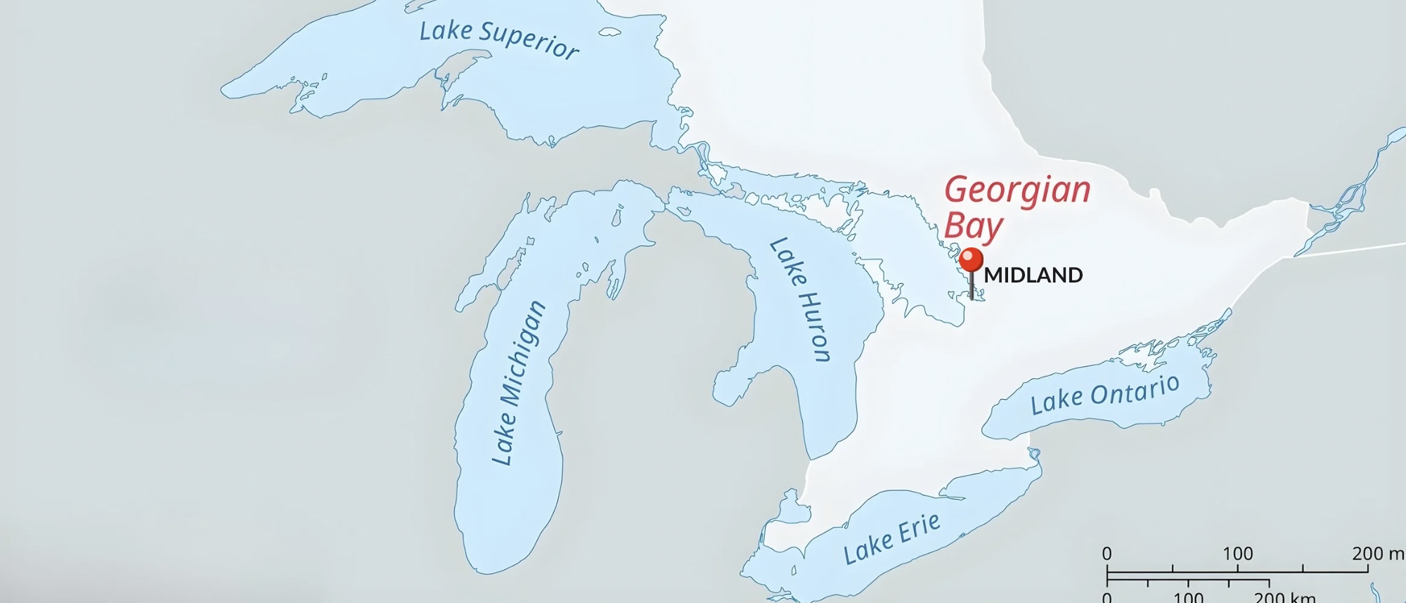 Map of the Great Lakes region showing Midland, Ontario — home of the Canadian Museum Of Water